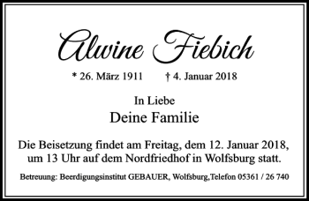 Traueranzeige von Alwine Fiebich von Aller Zeitung / Wolfsburger Allgemeine