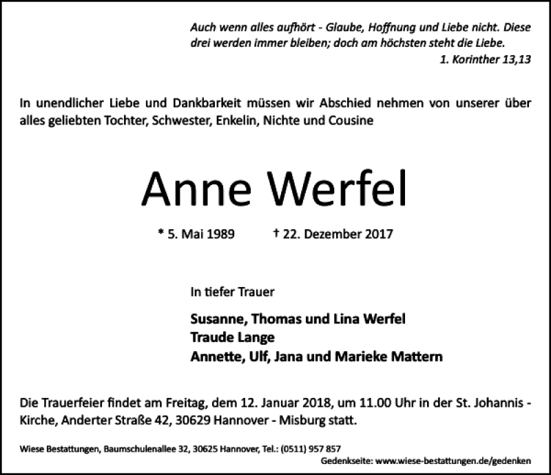  Traueranzeige für Anne Werfel vom 06.01.2018 aus HAZ/NP