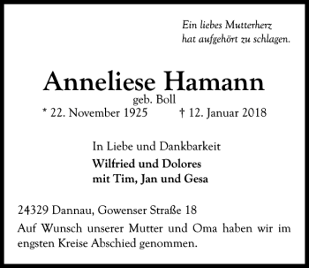 Traueranzeige von Anneliese Hamann von Kieler Nachrichten / Segeberger Zeitung