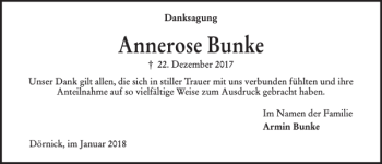 Traueranzeige von Annerose Bunke von Kieler Nachrichten / Segeberger Zeitung