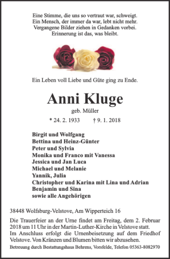 Traueranzeige von Anni Kluge von Aller Zeitung / Wolfsburger Allgemeine