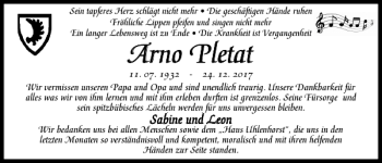 Traueranzeige von Arno Pletat von Kieler Nachrichten / Segeberger Zeitung