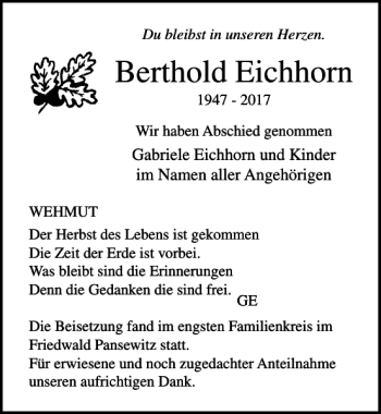 Traueranzeige von Berthold Eichhorn von Ostsee-Zeitung