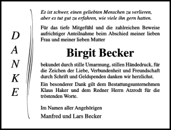 Traueranzeige von Birgit Becker von Ostsee-Zeitung