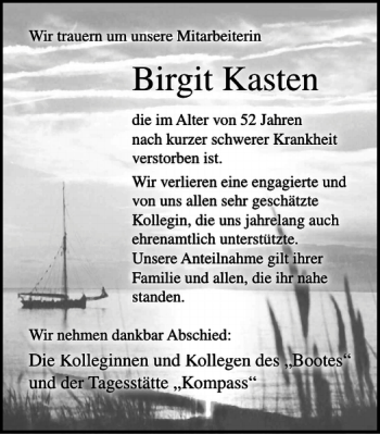 Traueranzeige von Birgit Kasten von Ostsee-Zeitung