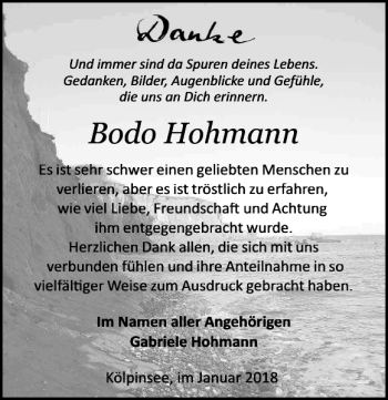 Traueranzeige von Bodo Hohmann von Ostsee-Zeitung