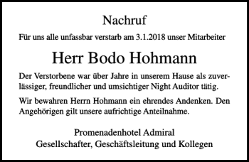 Traueranzeige von Bodo Hohmann von Ostsee-Zeitung
