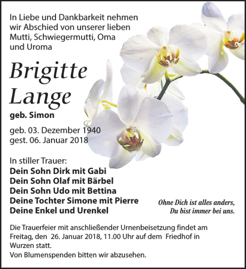  Traueranzeige für Brigitte Lange vom 13.01.2018 aus Leipziger Volkszeitung