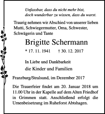 Traueranzeige von Brigitte Schermann von Ostsee-Zeitung