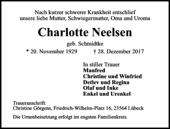 Traueranzeige von Charlotte Neelsen von Lübecker Nachrichten