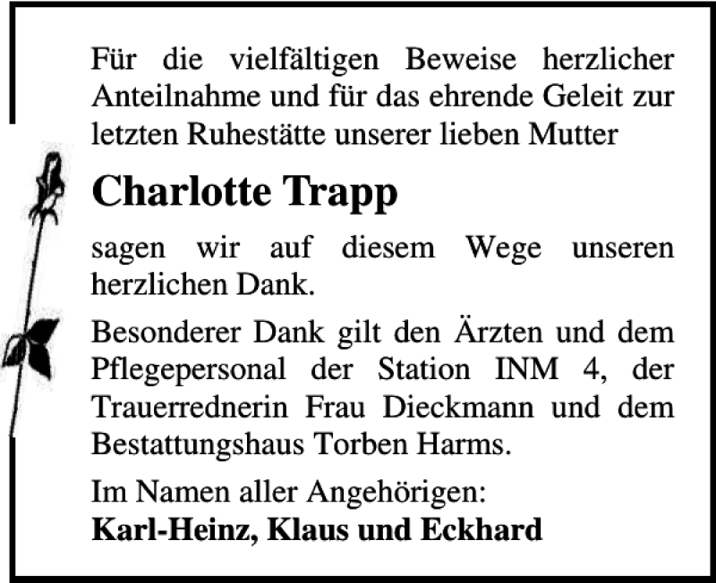  Traueranzeige für Charlotte Trapp vom 13.01.2018 aus Ostsee-Zeitung