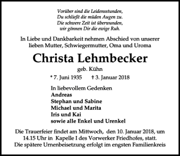 Traueranzeige von Christa Lehmbecker von Lübecker Nachrichten