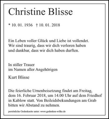 Traueranzeige von Christine Blisse von MAZ-Trauer.de