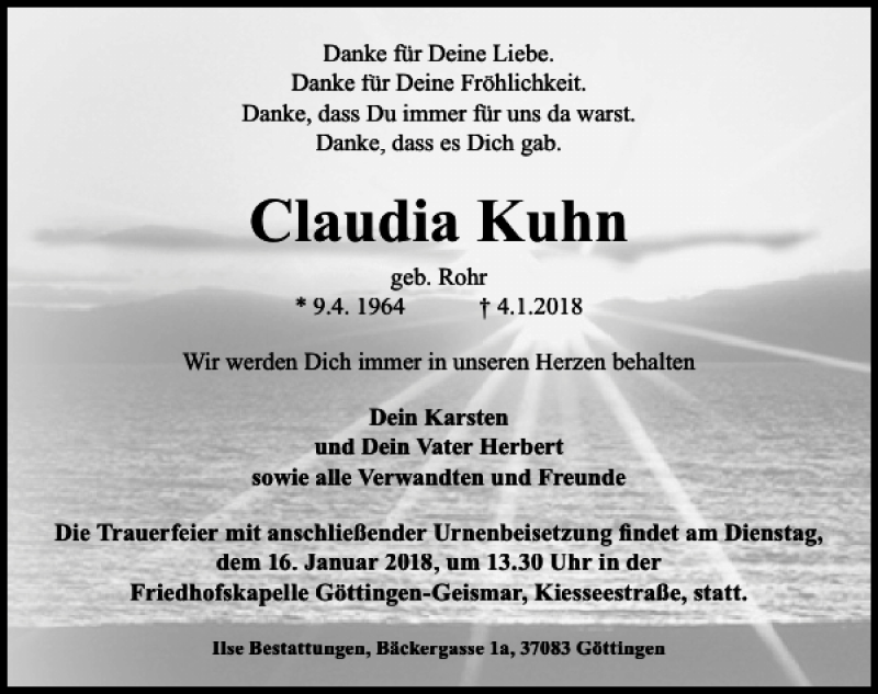  Traueranzeige für Claudia Kuhn vom 13.01.2018 aus Göttinger Tageblatt