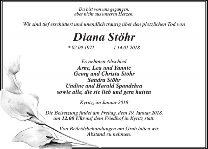  Traueranzeige für Diana Stöhr vom 16.01.2018 aus MAZ-Trauer.de