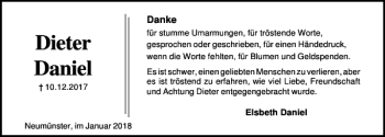 Traueranzeige von Dieter Daniel von Kieler Nachrichten / Segeberger Zeitung