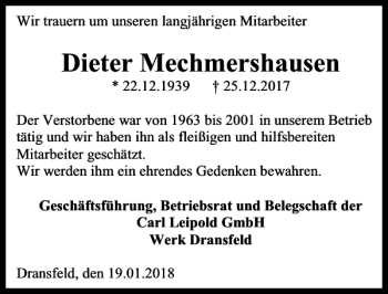 Traueranzeige von Dieter Mechmershausen von Göttinger Tageblatt