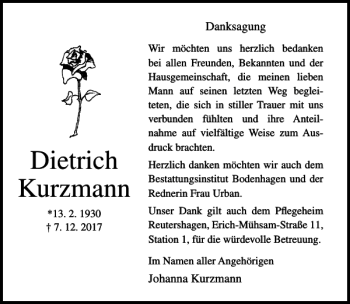 Traueranzeige von Dietrich Kurzmann von Ostsee-Zeitung