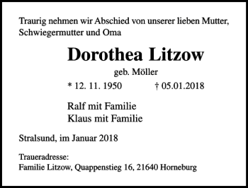 Traueranzeige von Dorothea Litzow von Ostsee-Zeitung