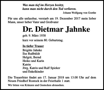 Traueranzeige von Dr. Dietmar Jahnke von Ostsee-Zeitung