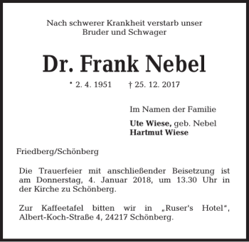 Traueranzeige von Dr. Frank Nebel von Kieler Nachrichten / Segeberger Zeitung