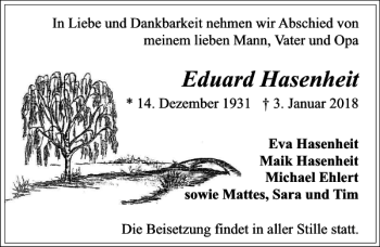 Traueranzeige von Eduard Hasenheit von Ostsee-Zeitung