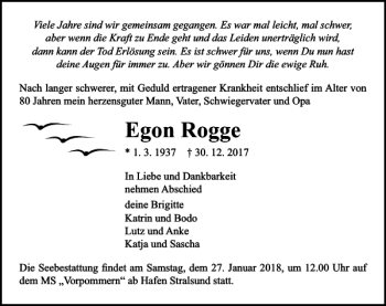Traueranzeige von Egon Rogge von Ostsee-Zeitung