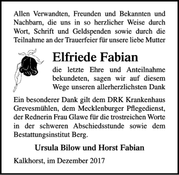 Traueranzeige von Elfriede Fabian von Ostsee-Zeitung