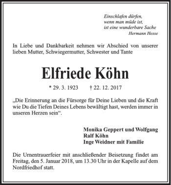Traueranzeige von Elfriede Köhn von Kieler Nachrichten / Segeberger Zeitung
