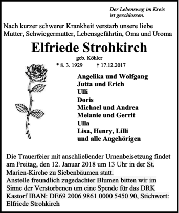 Traueranzeige von Elfriede Strohkirch von Lübecker Nachrichten