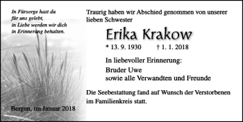 Traueranzeige von Erika Krakow von Ostsee-Zeitung