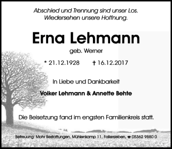 Traueranzeige von Erna Lehmann von Aller Zeitung / Wolfsburger Allgemeine