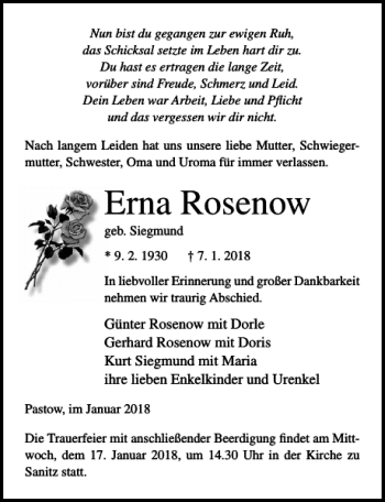 Traueranzeige von Erna Rosenow von Ostsee-Zeitung