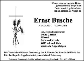 Traueranzeige von Ernst Busche von Schaumburger Nachrichten