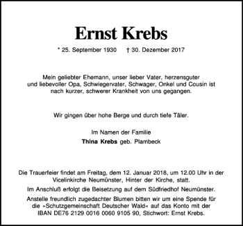 Traueranzeige von Ernst Krebs von Kieler Nachrichten / Segeberger Zeitung