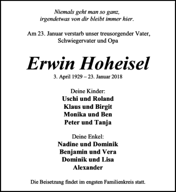 Traueranzeige von Erwin Hoheisel von Schaumburger Nachrichten