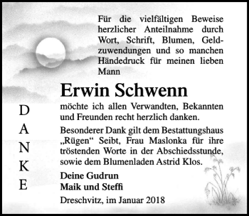 Traueranzeige von Erwin Schwenn von Ostsee-Zeitung
