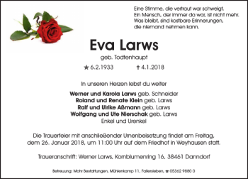 Traueranzeige von Eva Larws von Aller Zeitung / Wolfsburger Allgemeine