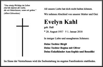 Traueranzeige von Evelyn Kahl von Lübecker Nachrichten