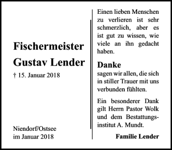 Traueranzeige von Fischermeister Gustav Lender von Lübecker Nachrichten