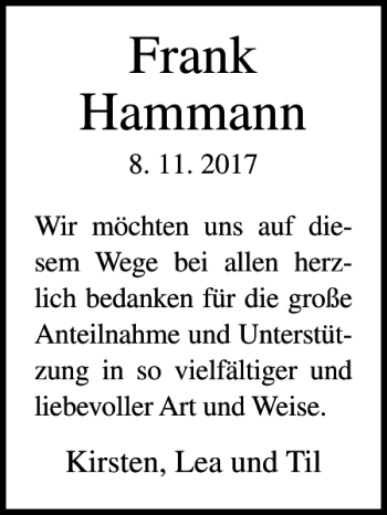 Traueranzeige von Frank Hammann von Lübecker Nachrichten