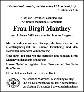 Traueranzeige von Frau Birgit Manthey von Ostsee-Zeitung