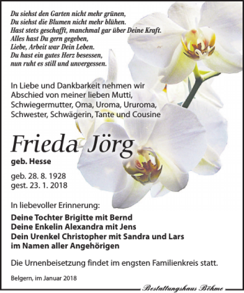 Traueranzeige von Frieda Jörg von Torgauer Zeitung