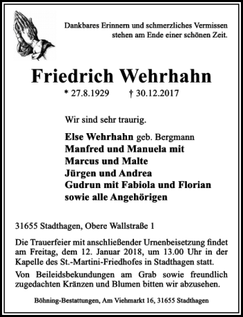 Traueranzeige von Friedrich Wehrhahn von Schaumburger Nachrichten