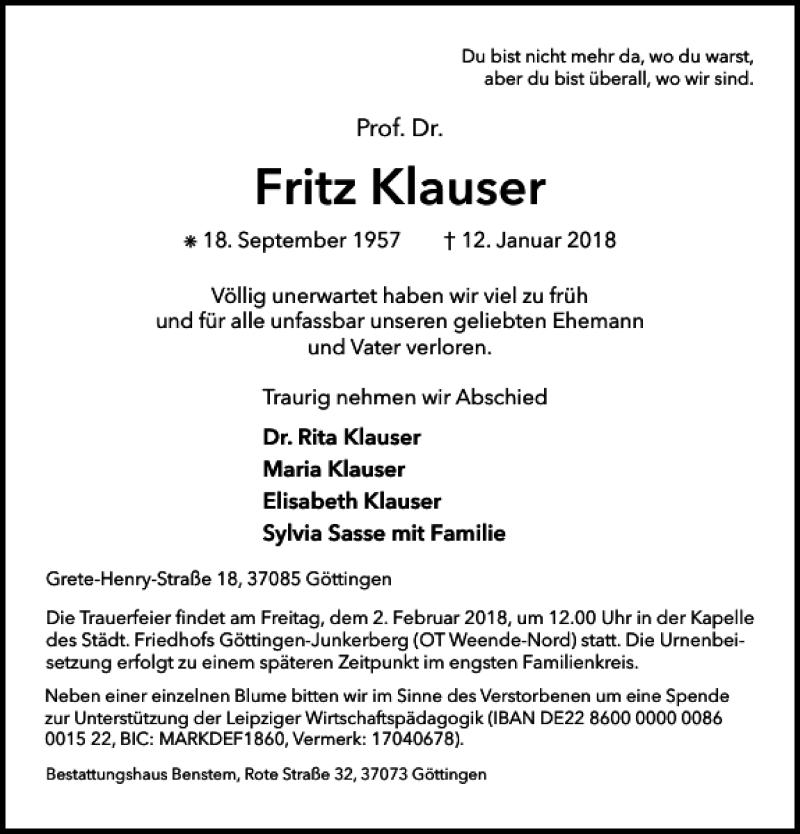  Traueranzeige für Fritz Klauser vom 20.01.2018 aus Göttinger Tageblatt