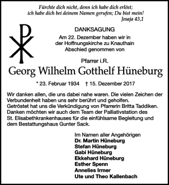 Traueranzeige von Georg Wilhelm Gotthelf Hüneburg von Leipziger Volkszeitung