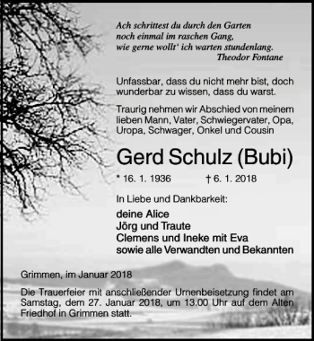 Traueranzeige von Gerd Schulz Bubi von Ostsee-Zeitung