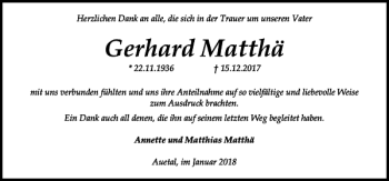 Traueranzeige von Gerhard Matthä von Schaumburger Nachrichten