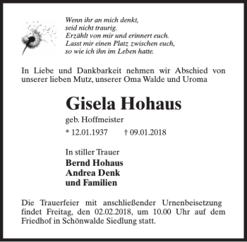 Traueranzeige von Gisela Hohaus von MAZ-Trauer.de