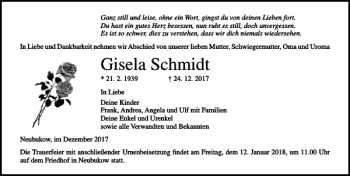 Traueranzeige von Gisela Schmidt von Ostsee-Zeitung
